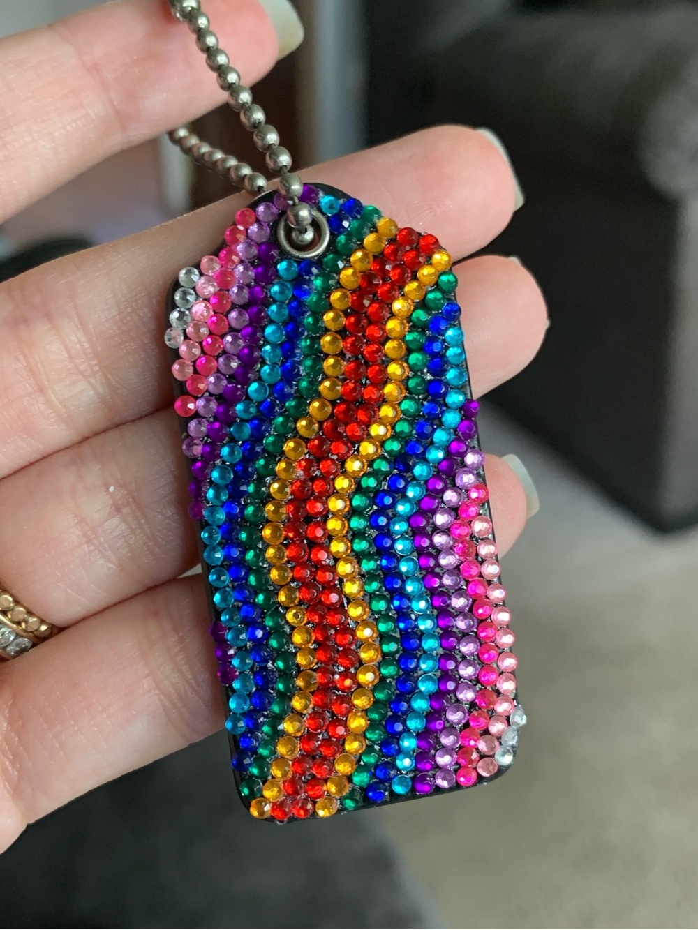 Coach Black Leather Hang Tag Keychain Charm customized with Rainbow Rhinestones - Picture 4 of 8